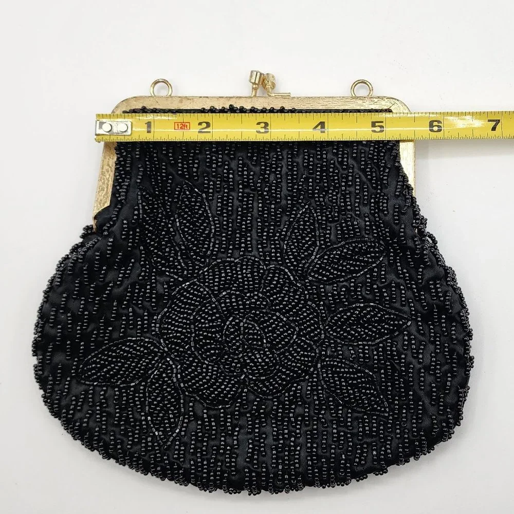 Vintage La Regale Women's Beaded Black Cocktail Party Clutch No Shoulder Chain